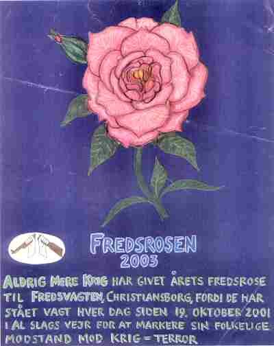 Aldrig Mere Krig har givet &aring;rets Fredsrose til Fredsvagten, Christiansborg, fordi de hver dag siden 19. oktober 2001 har markeret sin folkelige modstand mod krig = terror.